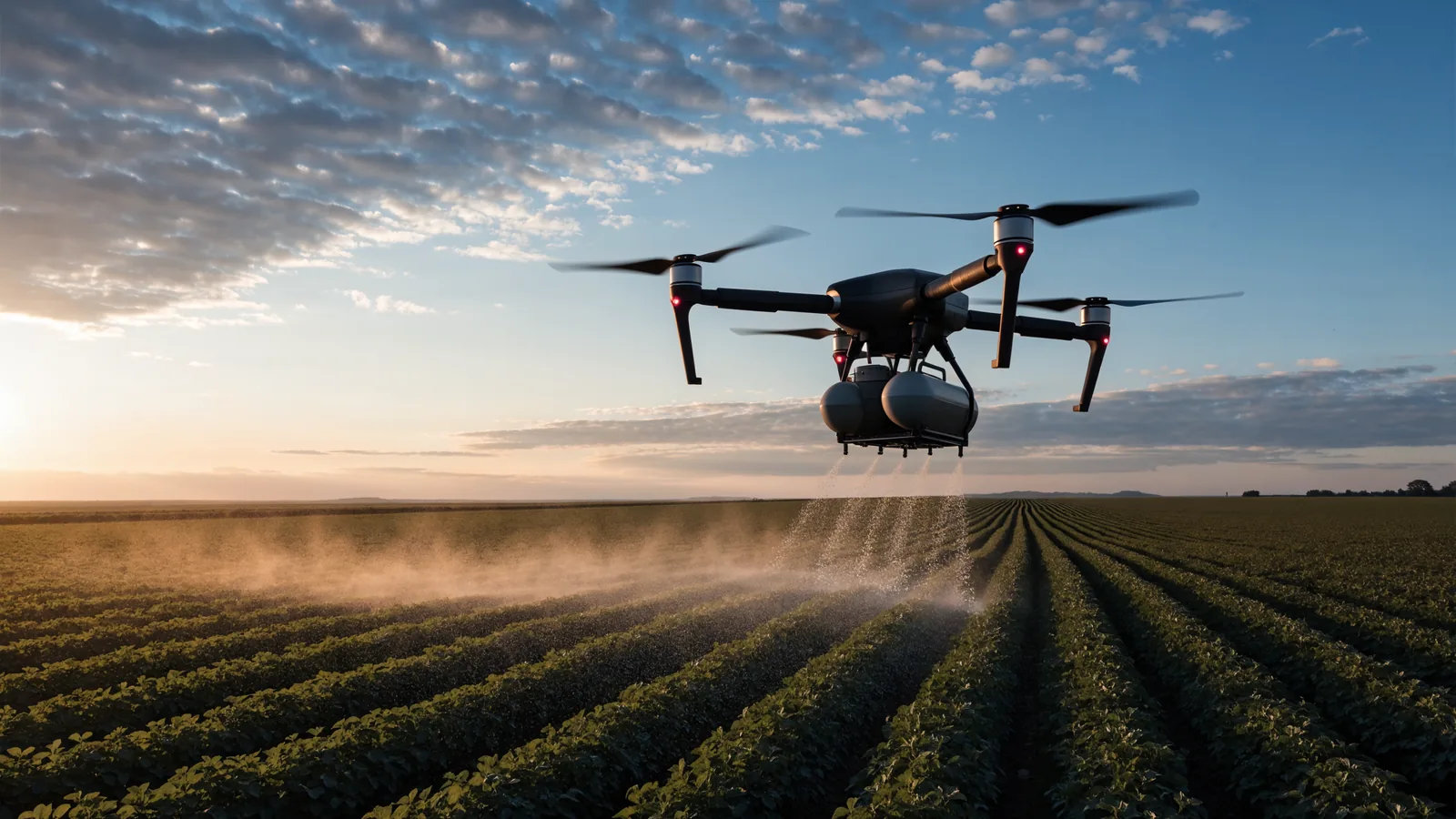 Illustration of an agricultural plant-protection drone spraying crops at low altitude
