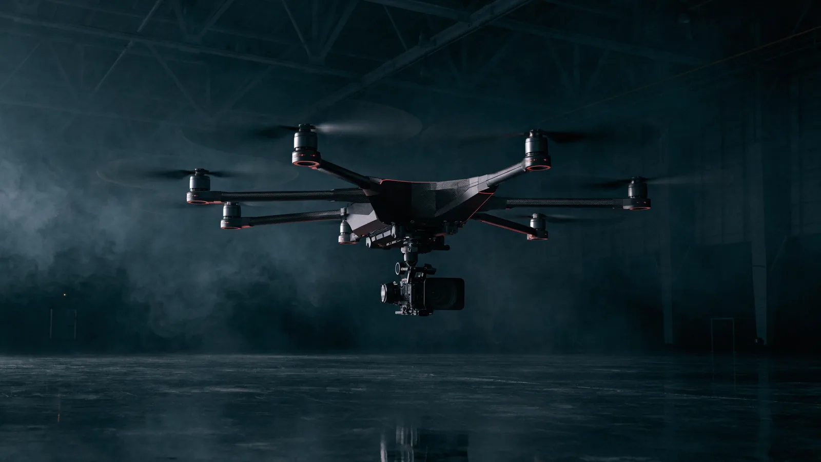 Illustration of a professional cinematic X8 drone carrying a stabilized camera payload
