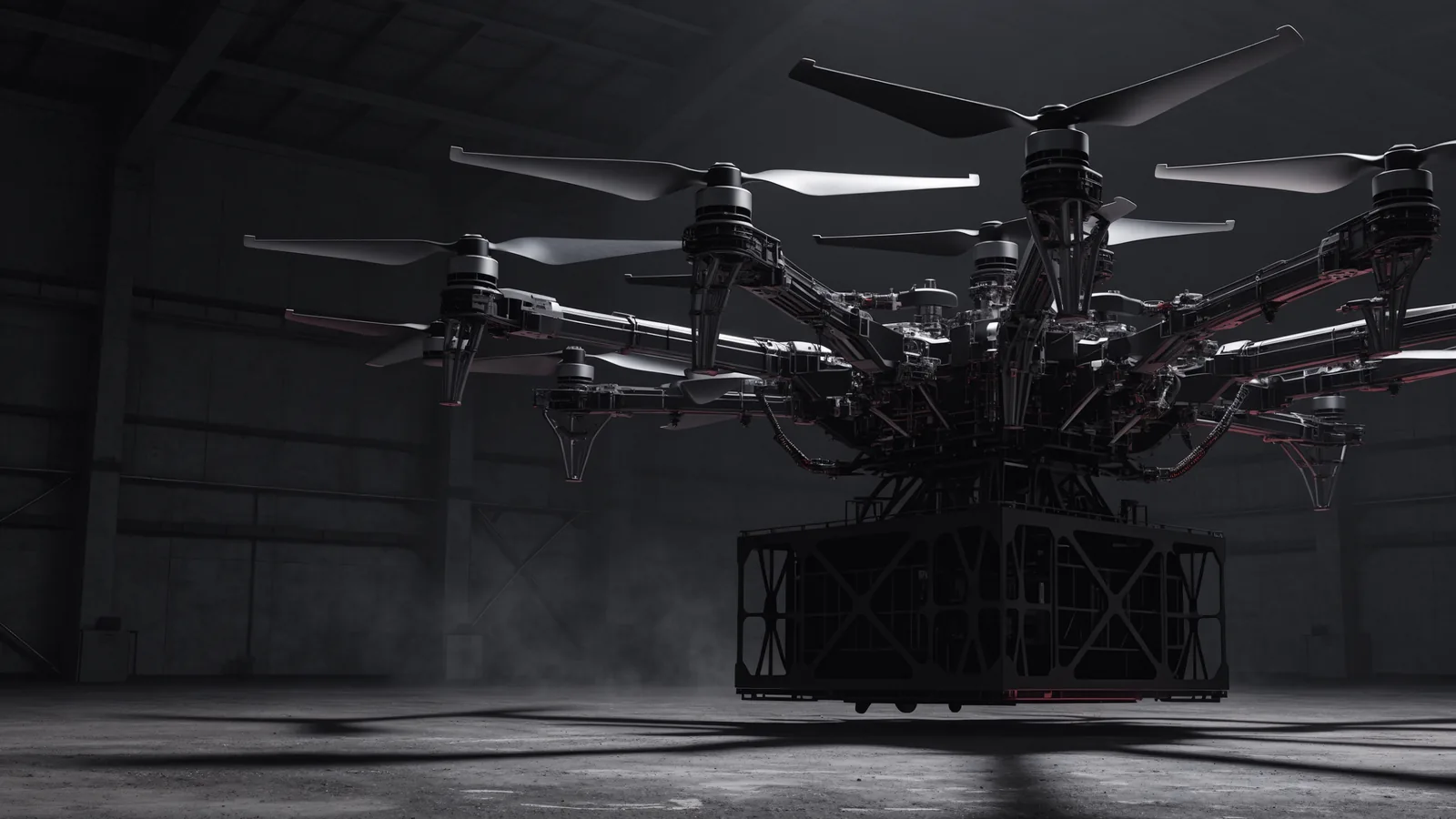 Illustration of an extreme-heavy-lift multirotor carrying a large industrial cargo frame