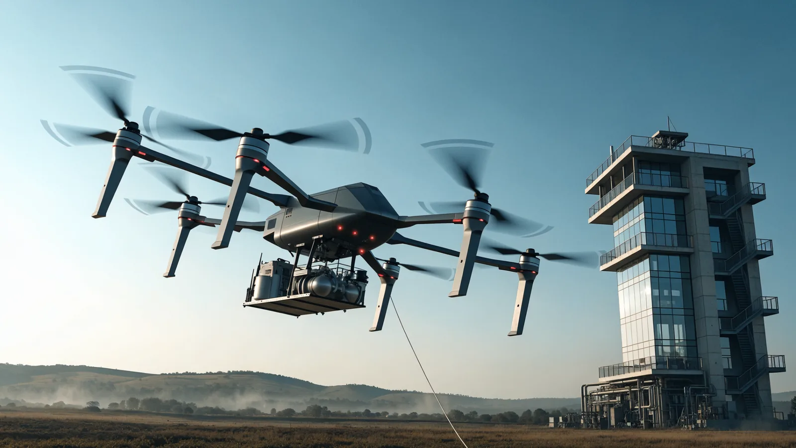 Illustration of a heavy emergency-response drone supporting a firefighting operation
