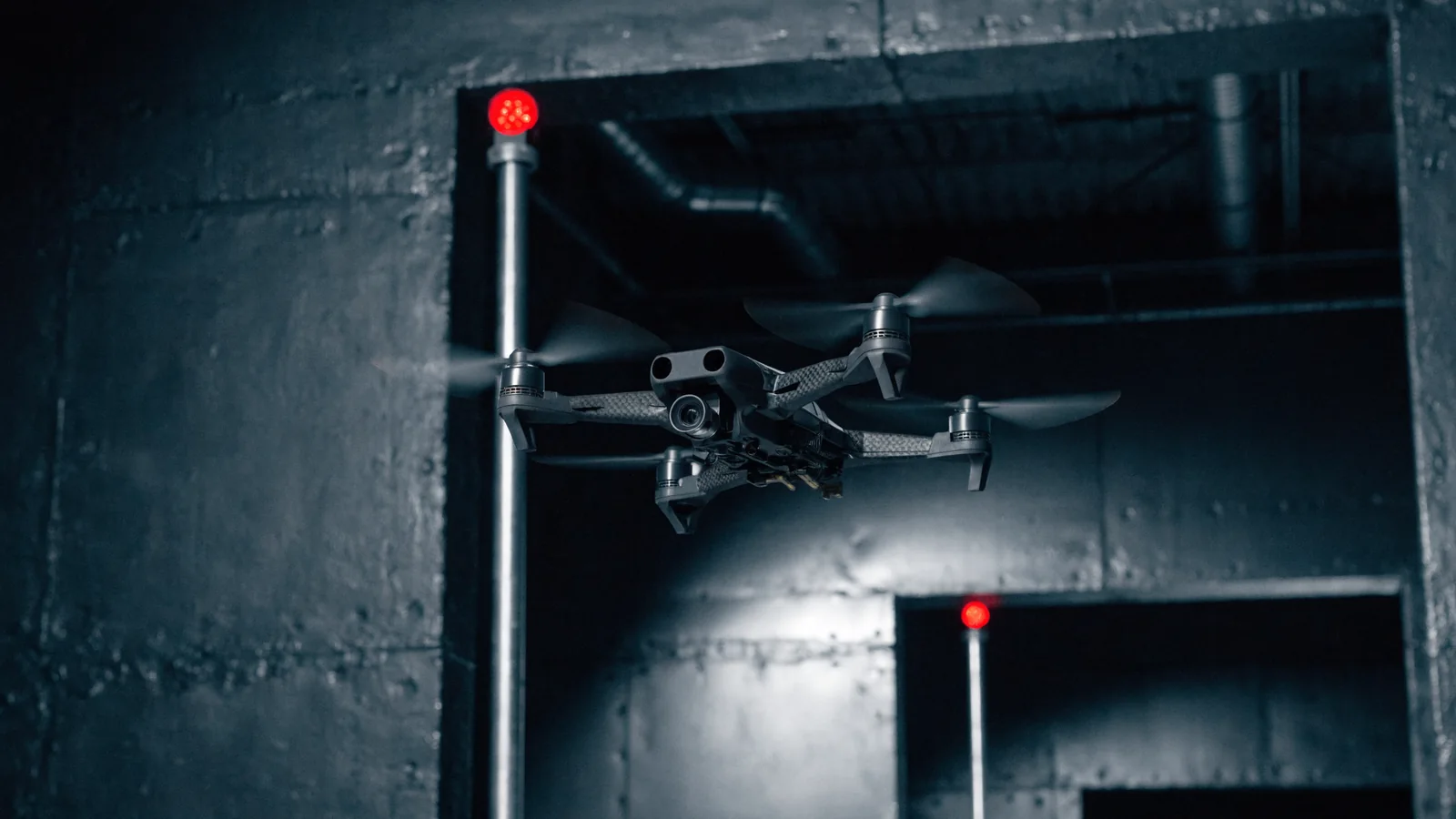 Illustration of a five-inch FPV racing multirotor banking through a high-speed course