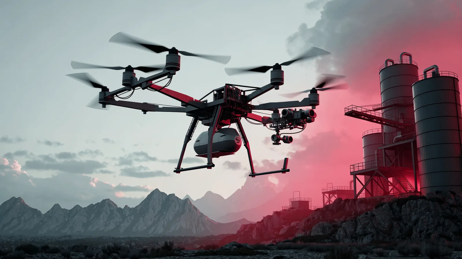 Illustration of a heavy cargo and inspection UAV approaching industrial infrastructure