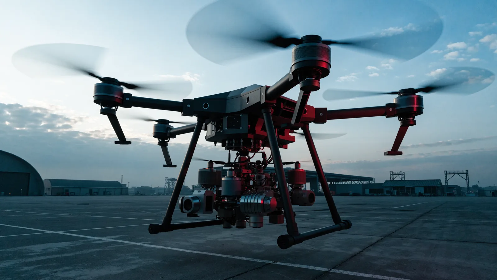 Illustration of a heavy industrial multirotor lifting a dense sensor payload