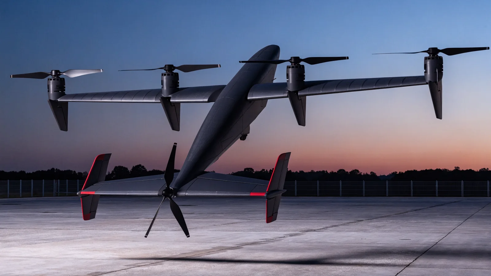 Illustration of a large hybrid VTOL aircraft performing a precision vertical lift