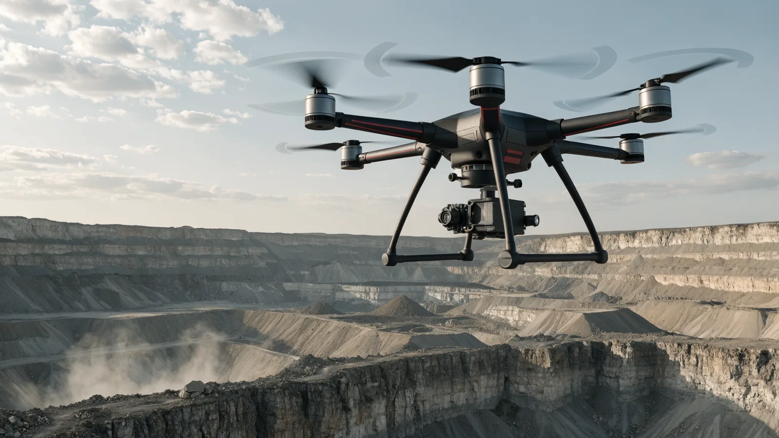 Illustration of an industrial mapping drone performing a topographic survey mission