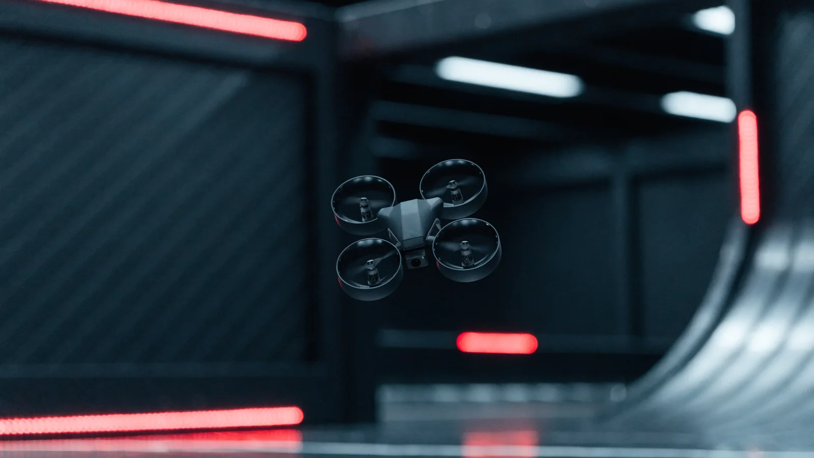 Illustration of a micro FPV tiny-whoop racing drone in an indoor technical course