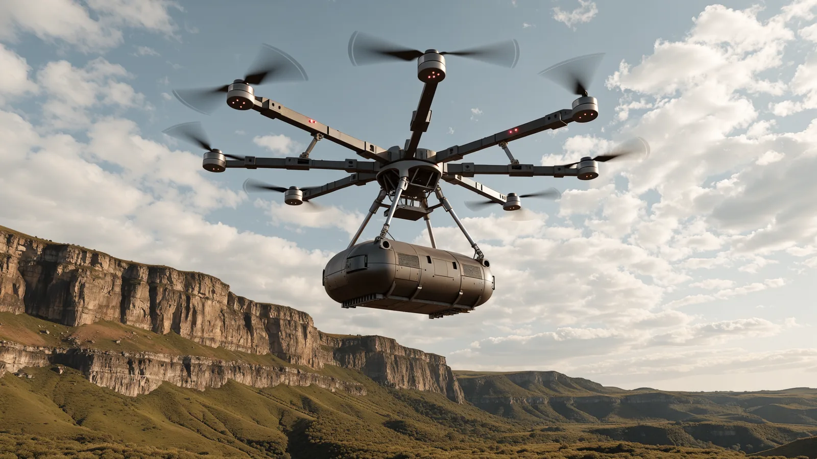 Illustration of a very-heavy-lift cargo drone transporting an emergency supply pod